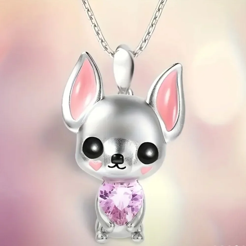 Silver Chihuahua Pendant Necklace with Pink Accents - Picture 2 of 4
